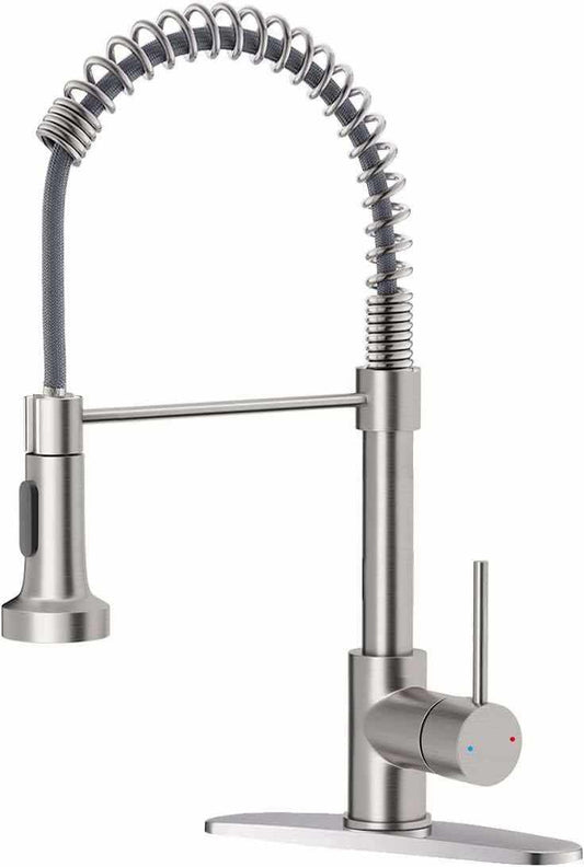 Commercial brushed‑nickel pull‑down kitchen faucet with spring spout, product hero view