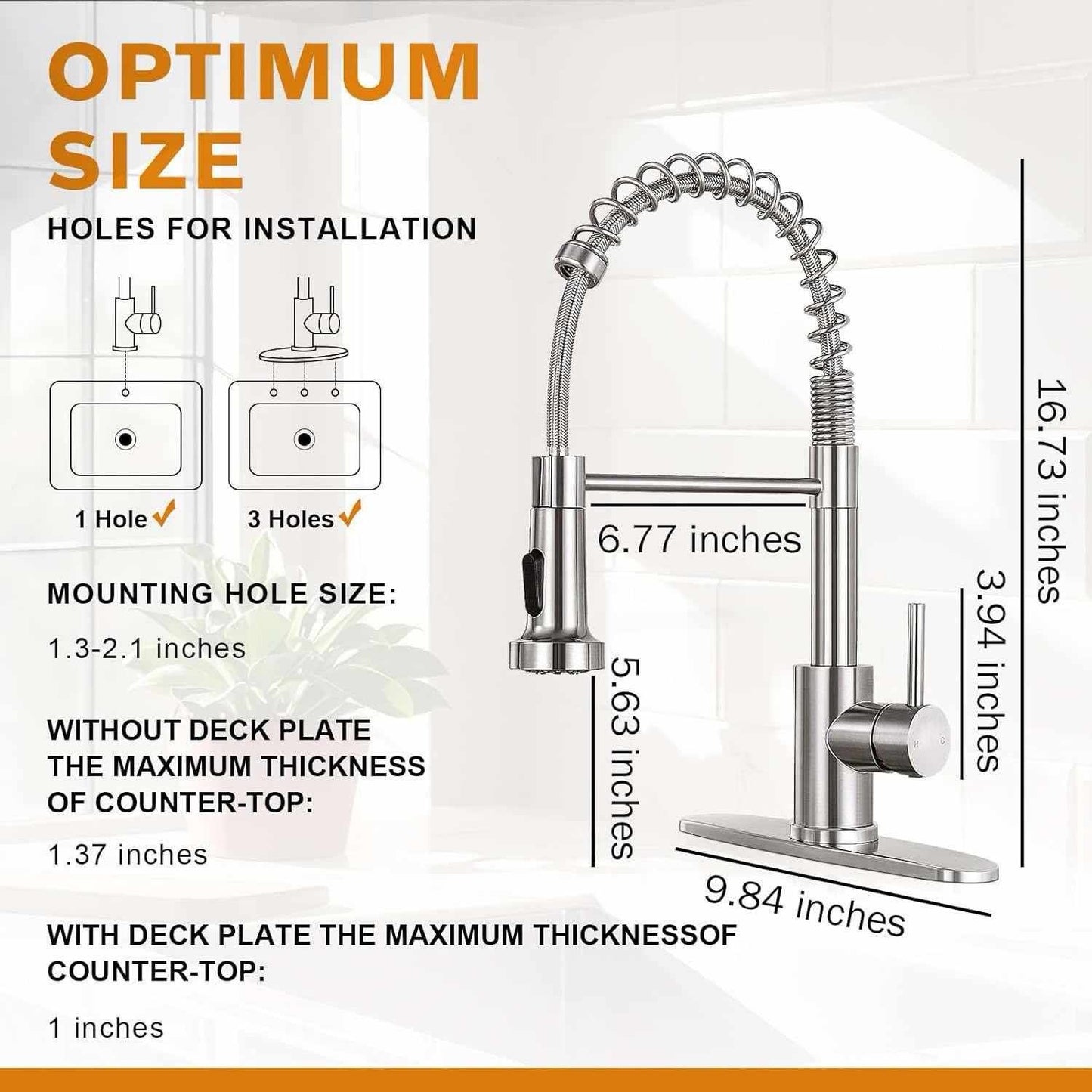Kitchen faucet dimensions chart – 16.73 in height, 9.84 in deck plate length