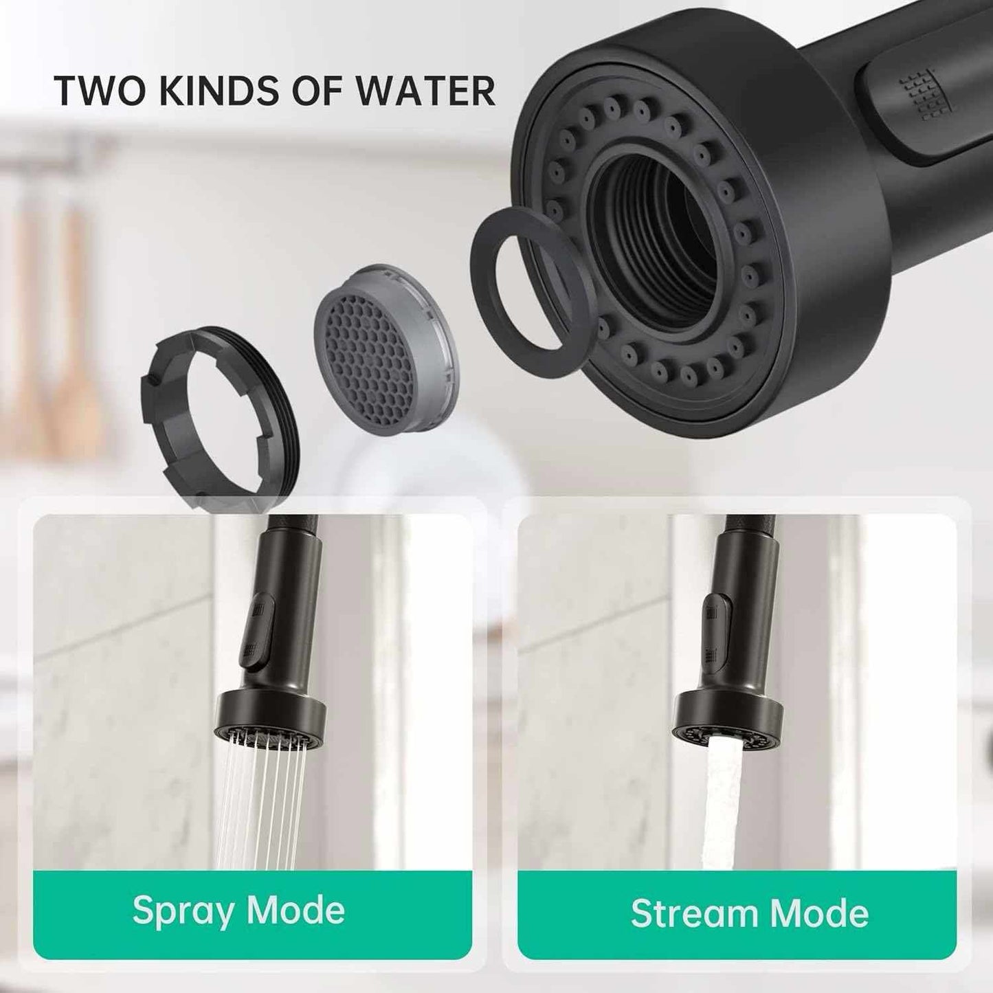 Exploded view of dual‑mode sprayer head plus stream vs spray comparison.